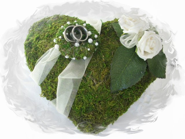 RINGKISSEN MoosHERZ Rosen Perlen Organza creme HOCHZEIT  